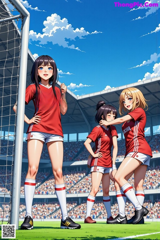 A group of young women standing next to each other on a soccer field.