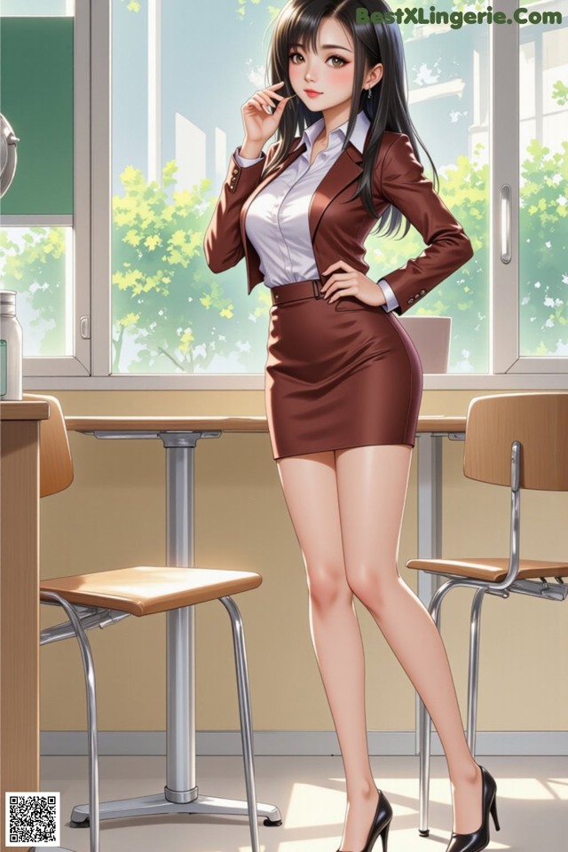 A woman in a brown skirt and a white shirt is standing in front of a window.