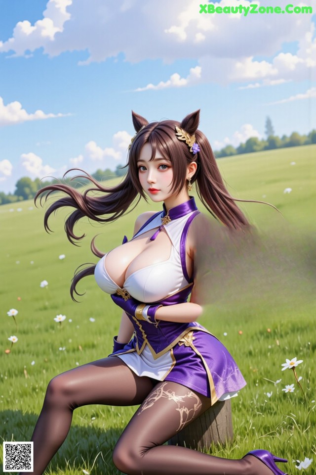 A woman in a purple and white outfit sitting on a tree stump.