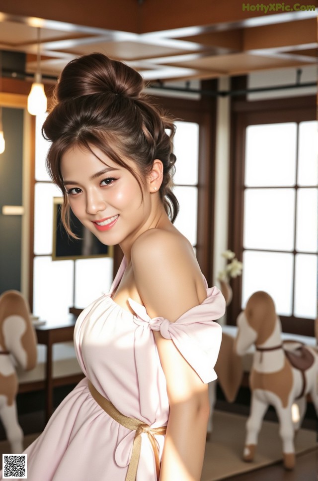 A woman in a pink dress posing for a picture.