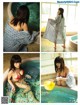 A collage of photos of a woman in a bathtub.